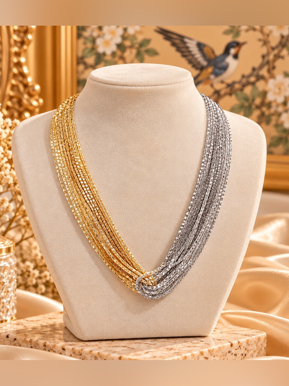 Two Tone Multi Strand Layered Chain Statement Necklace Fifi Closet